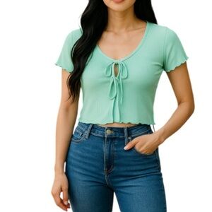 5/$25 STREETWEAR SOCIETY Mint Green Rib Crop Top Lettuce Hem Tied Front Size M